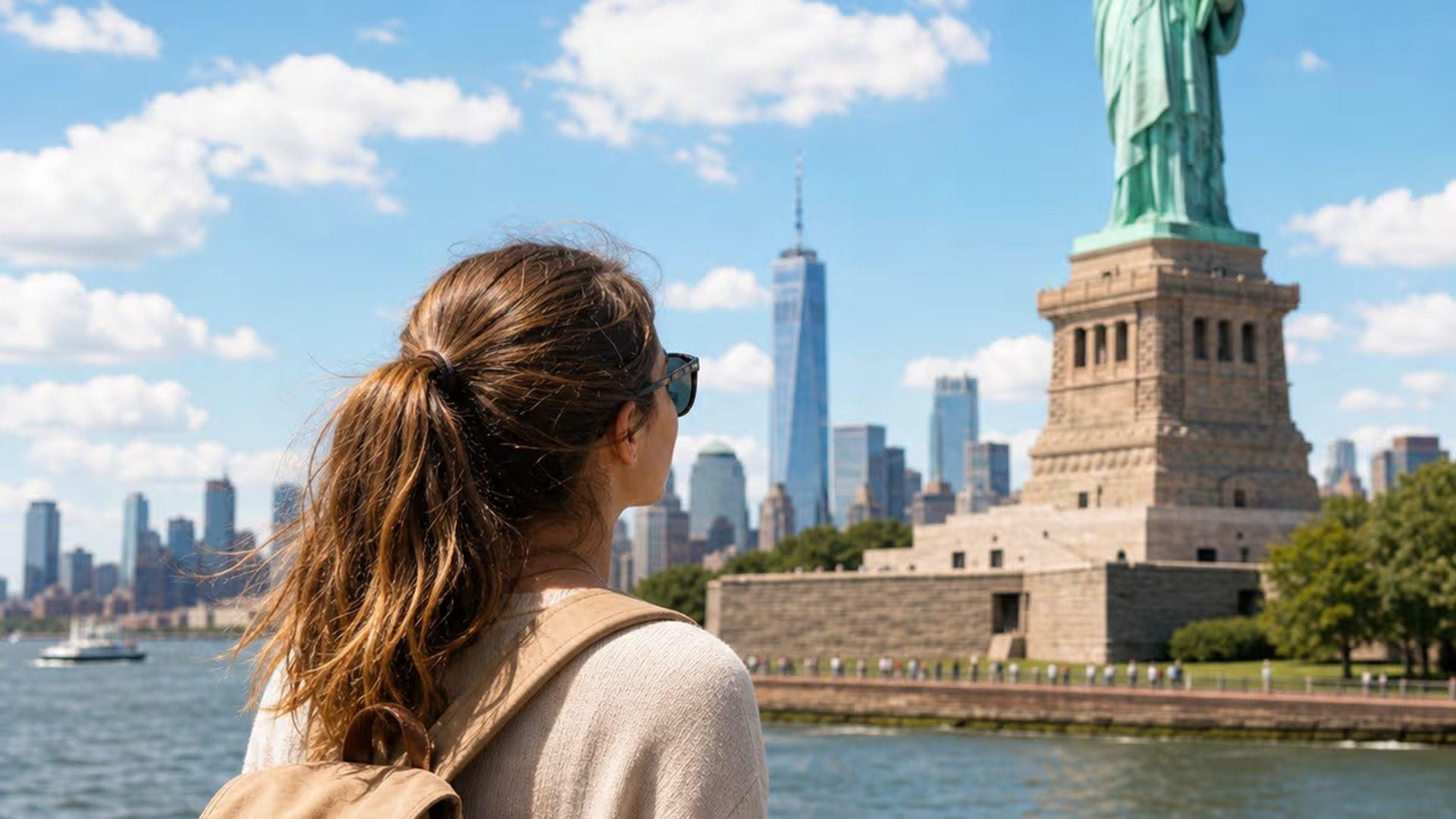 Young woman looking towards the Statue of Liberty